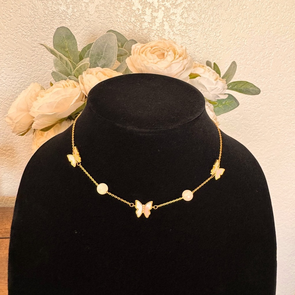 Gold Butterfly Necklace with Pearls - Picture 6 of 7